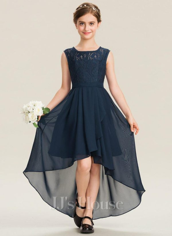 Junior Bridesmaid Dresses | A-line Scoop Asymmetrical Lace Chiffon Junior Bridesmaid Dress With Cascading Ruffles Bow Dark Navy – Girls