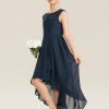 Junior Bridesmaid Dresses | A-line Scoop Asymmetrical Lace Chiffon Junior Bridesmaid Dress With Cascading Ruffles Bow Dark Navy – Girls