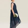 Junior Bridesmaid Dresses | A-line Scoop Asymmetrical Lace Chiffon Junior Bridesmaid Dress With Cascading Ruffles Bow Dark Navy – Girls