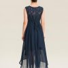 Junior Bridesmaid Dresses | A-line Scoop Asymmetrical Lace Chiffon Junior Bridesmaid Dress With Cascading Ruffles Bow Dark Navy – Girls