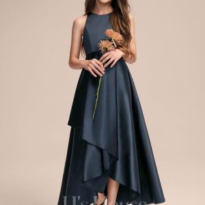 Junior Bridesmaid Dresses | A-line Scoop Asymmetrical Satin Junior Bridesmaid Dress With Cascading Ruffles Dark Navy – Girls