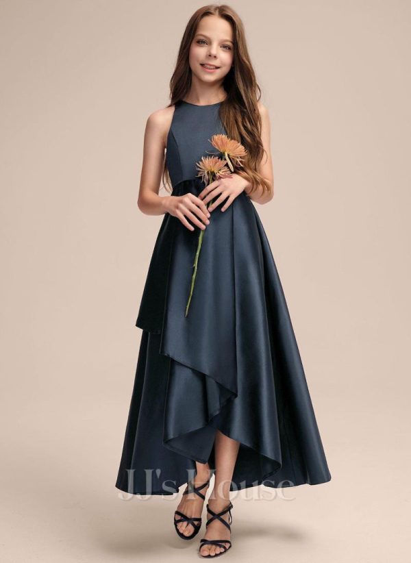 Junior Bridesmaid Dresses | A-line Scoop Asymmetrical Satin Junior Bridesmaid Dress With Cascading Ruffles Dark Navy – Girls