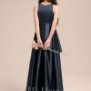 Junior Bridesmaid Dresses | A-line Scoop Asymmetrical Satin Junior Bridesmaid Dress With Cascading Ruffles Dark Navy – Girls