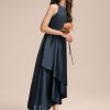 Junior Bridesmaid Dresses | A-line Scoop Asymmetrical Satin Junior Bridesmaid Dress With Cascading Ruffles Dark Navy – Girls