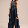 Junior Bridesmaid Dresses | A-line Scoop Asymmetrical Satin Junior Bridesmaid Dress With Cascading Ruffles Dark Navy – Girls