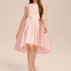 Junior Bridesmaid Dresses | A-line Scoop Asymmetrical Satin Junior Bridesmaid Dress With Pleated Bow Pearl Pink – Girls