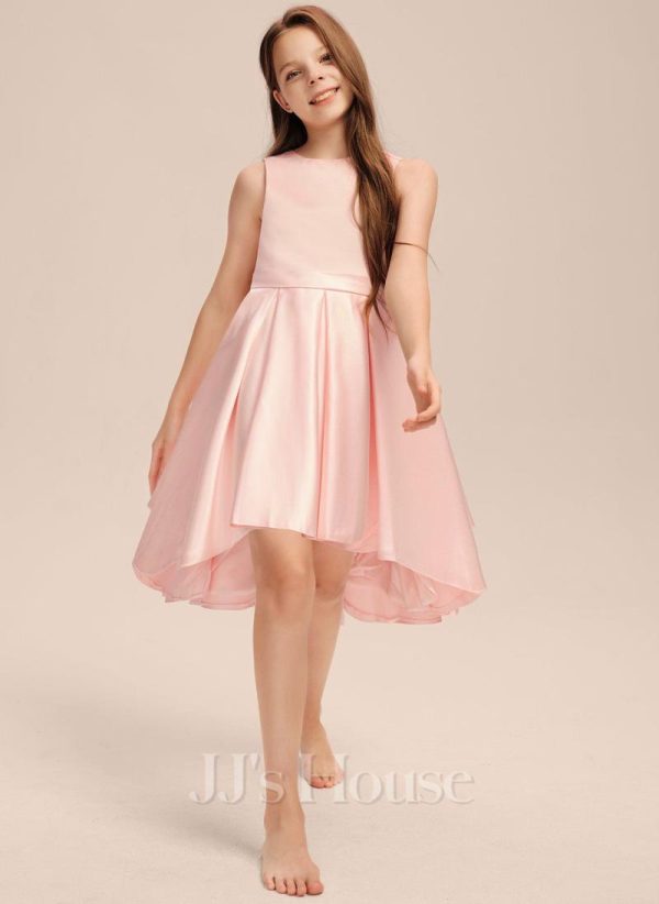 Junior Bridesmaid Dresses | A-line Scoop Asymmetrical Satin Junior Bridesmaid Dress With Pleated Bow Pearl Pink – Girls