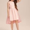 Junior Bridesmaid Dresses | A-line Scoop Asymmetrical Satin Junior Bridesmaid Dress With Pleated Bow Pearl Pink – Girls