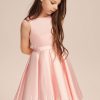 Junior Bridesmaid Dresses | A-line Scoop Asymmetrical Satin Junior Bridesmaid Dress With Pleated Bow Pearl Pink – Girls