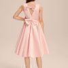 Junior Bridesmaid Dresses | A-line Scoop Asymmetrical Satin Junior Bridesmaid Dress With Pleated Bow Pearl Pink – Girls