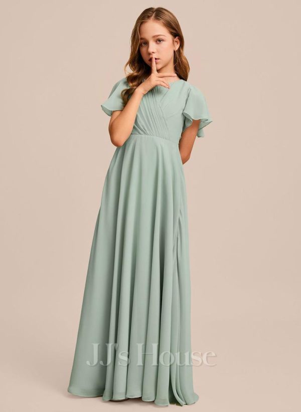 Junior Bridesmaid Dresses | A-line Scoop Floor-Length Chiffon Junior Bridesmaid Dress Agave – Girls