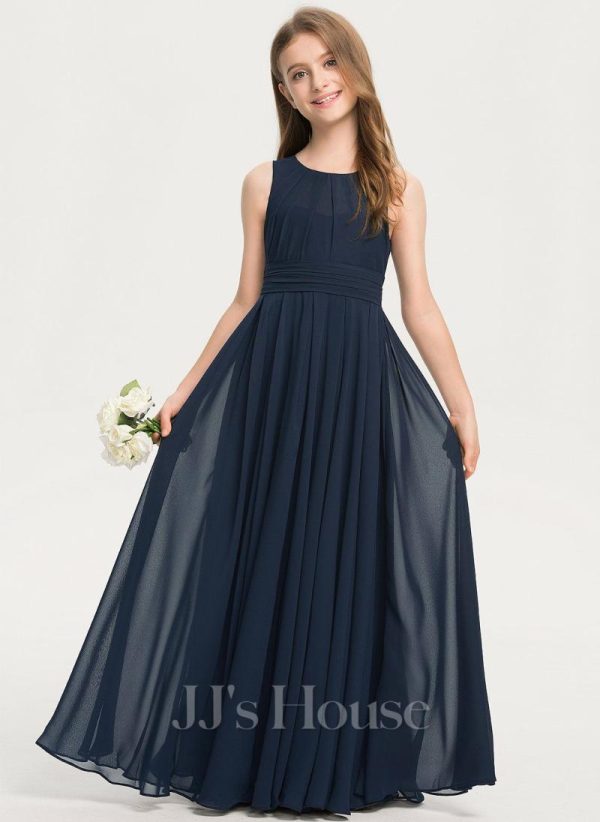 Junior Bridesmaid Dresses | A-line Scoop Floor-Length Chiffon Junior Bridesmaid Dress Dark Navy – Girls