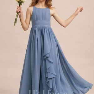 Junior Bridesmaid Dresses | A-line Scoop Floor-Length Chiffon Junior Bridesmaid Dress Slate Blue – Girls