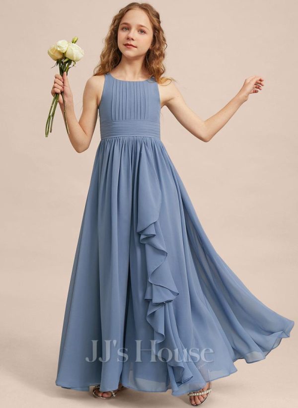 Junior Bridesmaid Dresses | A-line Scoop Floor-Length Chiffon Junior Bridesmaid Dress Slate Blue – Girls