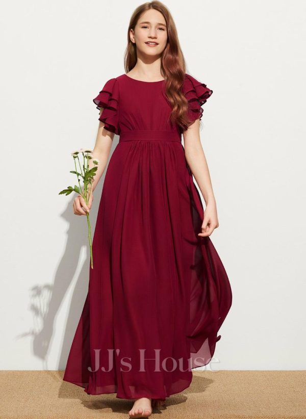 Junior Bridesmaid Dresses | A-line Scoop Floor-Length Chiffon Junior Bridesmaid Dress With Cascading Ruffles Burgundy – Girls