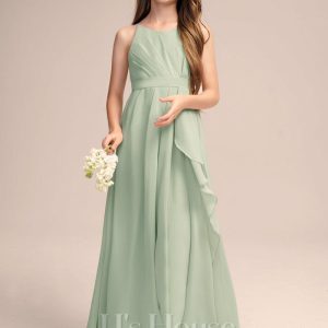 Junior Bridesmaid Dresses | A-line Scoop Floor-Length Chiffon Junior Bridesmaid Dress With Cascading Ruffles Celadon – Girls