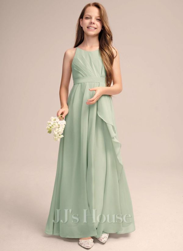 Junior Bridesmaid Dresses | A-line Scoop Floor-Length Chiffon Junior Bridesmaid Dress With Cascading Ruffles Celadon – Girls