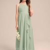 Junior Bridesmaid Dresses | A-line Scoop Floor-Length Chiffon Junior Bridesmaid Dress With Cascading Ruffles Celadon – Girls