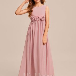 Junior Bridesmaid Dresses | A-line Scoop Floor-Length Chiffon Junior Bridesmaid Dress With Flower Blush – Girls