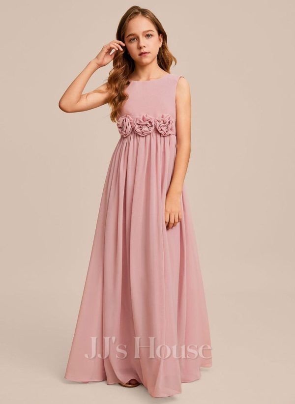 Junior Bridesmaid Dresses | A-line Scoop Floor-Length Chiffon Junior Bridesmaid Dress With Flower Blush – Girls