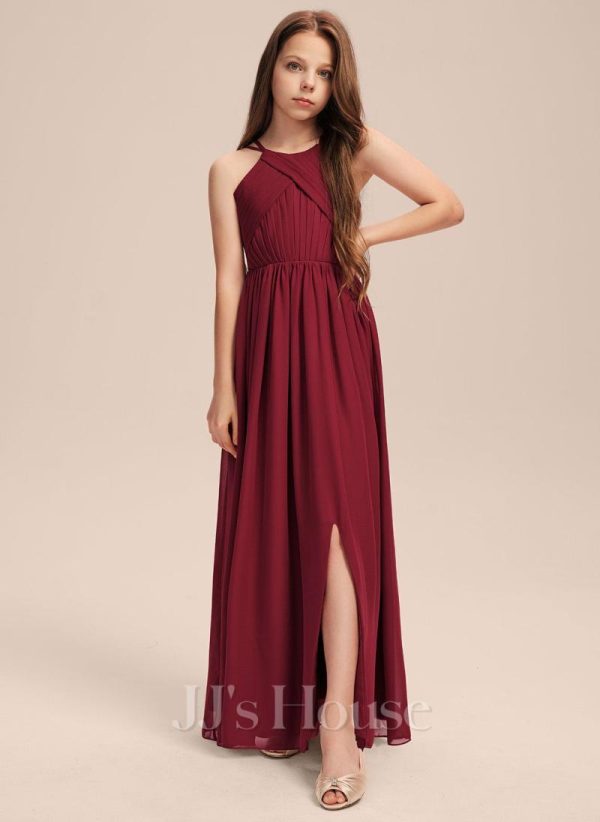 Junior Bridesmaid Dresses | A-line Scoop Floor-Length Chiffon Junior Bridesmaid Dress With Pleated Burgundy – Girls