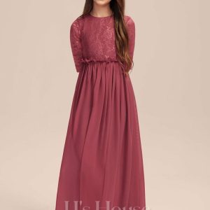 Junior Bridesmaid Dresses | A-line Scoop Floor-Length Chiffon Junior Bridesmaid Dress With Pleated Cinnamon Rose – Girls