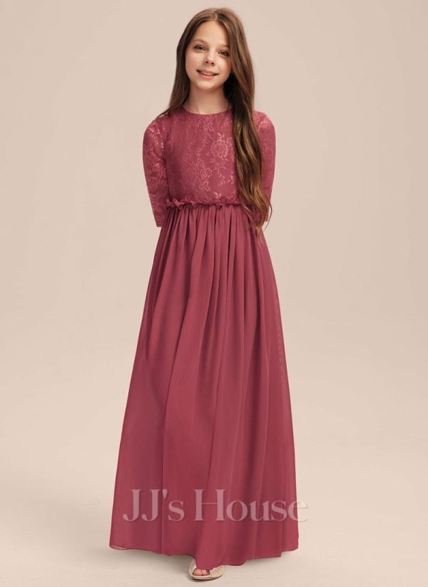 Junior Bridesmaid Dresses | A-line Scoop Floor-Length Chiffon Junior Bridesmaid Dress With Pleated Cinnamon Rose – Girls