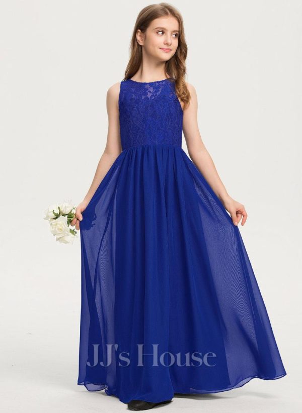 Junior Bridesmaid Dresses | A-line Scoop Floor-Length Chiffon Lace Junior Bridesmaid Dress As Picture – Girls