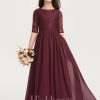 Junior Bridesmaid Dresses | A-line Scoop Floor-Length Chiffon Lace Junior Bridesmaid Dress Cabernet – Girls