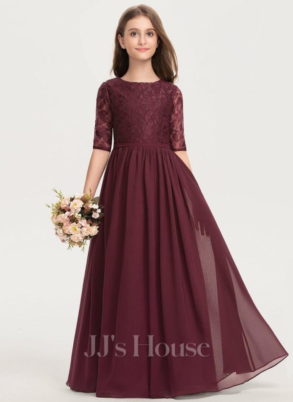 Junior Bridesmaid Dresses | A-line Scoop Floor-Length Chiffon Lace Junior Bridesmaid Dress Cabernet – Girls