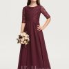 Junior Bridesmaid Dresses | A-line Scoop Floor-Length Chiffon Lace Junior Bridesmaid Dress Cabernet – Girls