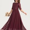 Junior Bridesmaid Dresses | A-line Scoop Floor-Length Chiffon Lace Junior Bridesmaid Dress Cabernet – Girls