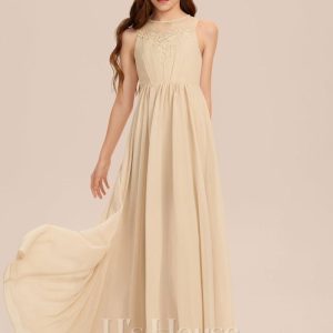 Junior Bridesmaid Dresses | A-line Scoop Floor-Length Chiffon Lace Junior Bridesmaid Dress Champagne – Girls