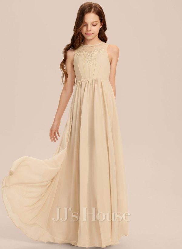 Junior Bridesmaid Dresses | A-line Scoop Floor-Length Chiffon Lace Junior Bridesmaid Dress Champagne – Girls