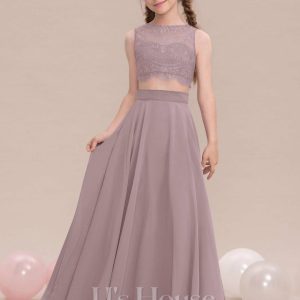 Junior Bridesmaid Dresses | A-line Scoop Floor-Length Chiffon Lace Junior Bridesmaid Dress Dusk – Girls