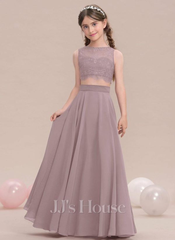 Junior Bridesmaid Dresses | A-line Scoop Floor-Length Chiffon Lace Junior Bridesmaid Dress Dusk – Girls