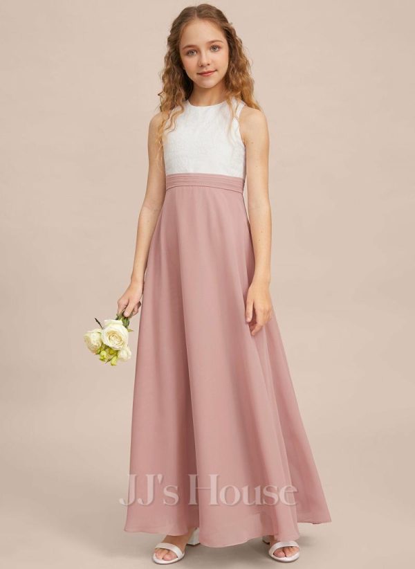 Junior Bridesmaid Dresses | A-line Scoop Floor-Length Chiffon Lace Junior Bridesmaid Dress Dusty Rose – Girls