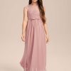 Junior Bridesmaid Dresses | A-line Scoop Floor-Length Chiffon Lace Junior Bridesmaid Dress With Bow Pleated Blush – Girls