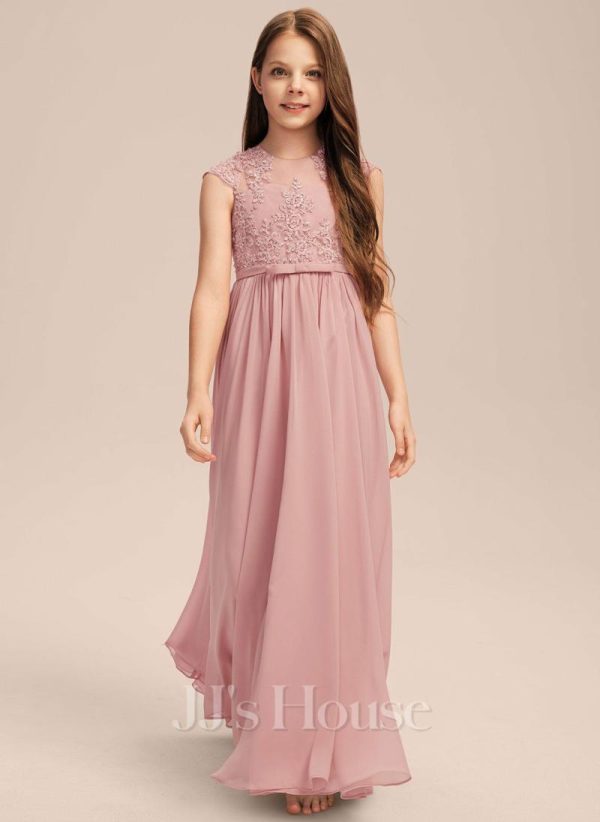 Junior Bridesmaid Dresses | A-line Scoop Floor-Length Chiffon Lace Junior Bridesmaid Dress With Bow Pleated Blush – Girls