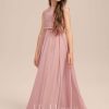 Junior Bridesmaid Dresses | A-line Scoop Floor-Length Chiffon Lace Junior Bridesmaid Dress With Bow Pleated Blush – Girls