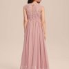 Junior Bridesmaid Dresses | A-line Scoop Floor-Length Chiffon Lace Junior Bridesmaid Dress With Bow Pleated Blush – Girls