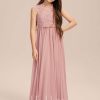 Junior Bridesmaid Dresses | A-line Scoop Floor-Length Chiffon Lace Junior Bridesmaid Dress With Bow Pleated Blush – Girls