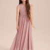 Junior Bridesmaid Dresses | A-line Scoop Floor-Length Chiffon Lace Junior Bridesmaid Dress With Bow Pleated Blush – Girls