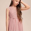 Junior Bridesmaid Dresses | A-line Scoop Floor-Length Chiffon Lace Junior Bridesmaid Dress With Bow Pleated Blush – Girls