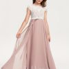 Junior Bridesmaid Dresses | A-line Scoop Floor-Length Lace Satin Chiffon Junior Bridesmaid Dress With Bow Dusty Rose – Girls