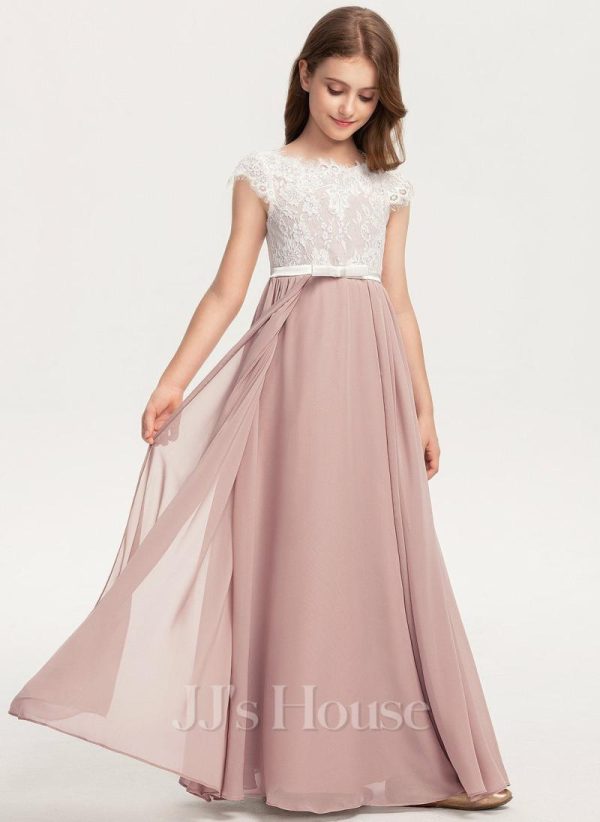 Junior Bridesmaid Dresses | A-line Scoop Floor-Length Lace Satin Chiffon Junior Bridesmaid Dress With Bow Dusty Rose – Girls