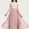 Junior Bridesmaid Dresses | A-line Scoop Floor-Length Lace Satin Chiffon Junior Bridesmaid Dress With Bow Dusty Rose – Girls