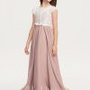 Junior Bridesmaid Dresses | A-line Scoop Floor-Length Lace Satin Chiffon Junior Bridesmaid Dress With Bow Dusty Rose – Girls