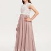 Junior Bridesmaid Dresses | A-line Scoop Floor-Length Lace Satin Chiffon Junior Bridesmaid Dress With Bow Dusty Rose – Girls