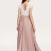 Junior Bridesmaid Dresses | A-line Scoop Floor-Length Lace Satin Chiffon Junior Bridesmaid Dress With Bow Dusty Rose – Girls